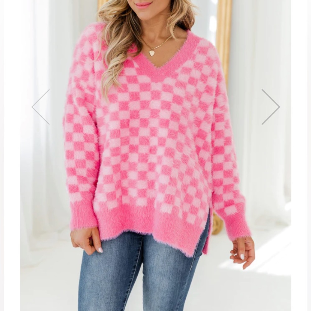 Pink Lily Fuzzy Checkered Sweater